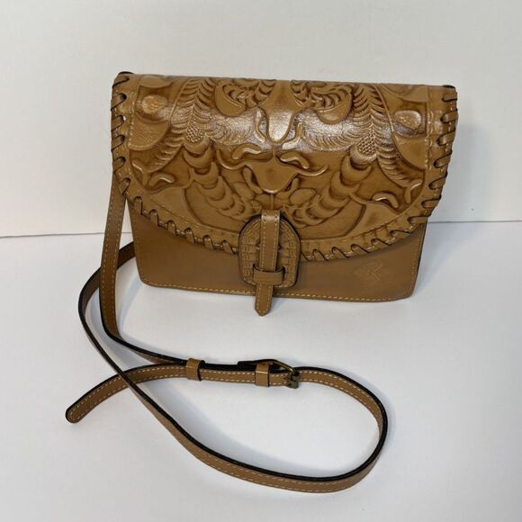 PATRICIA NASH Lanza Tooled Burnished Tan Leather Crossbody Bag Organizer Purse - Picture 1 of 10